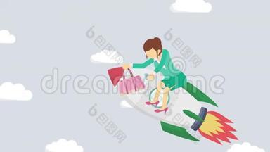 快乐的女商人通过抽象的灰色背景乘火箭飞行。 <strong>创业</strong>，飞跃，<strong>创业</strong>理念.. 循环